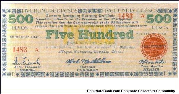 S-667, Negros Emergency Currency Board 500 Peso note. Banknote