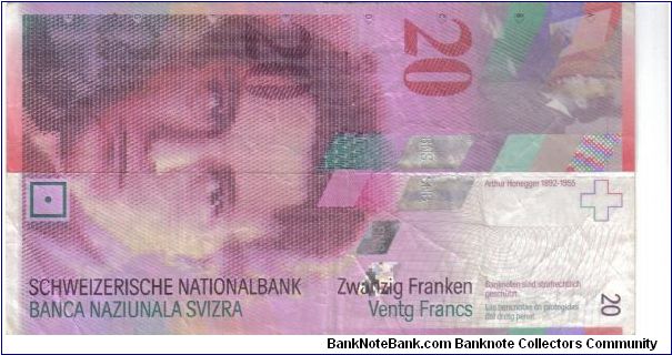 Switzerland 1994 20 francs. Well circulated. Banknote