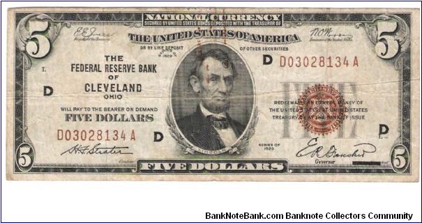 National Currency-5 dollar bill Bank of clevland signatures Jones/Woods/Strater/Fancher Banknote