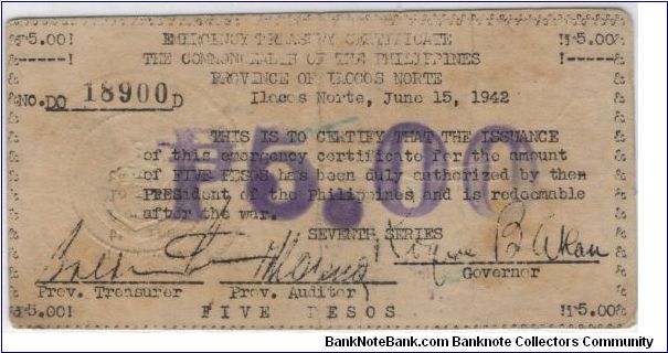 S-297 Emergency Treasury Certificate, Province of Ilocos Norte 5 Peso note, seventh series. Banknote