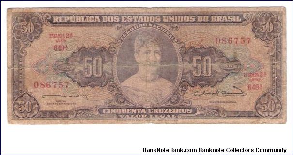 1956-1959 no date 50 Cruzerios Estempa 2A Series 649A  #152c Banknote