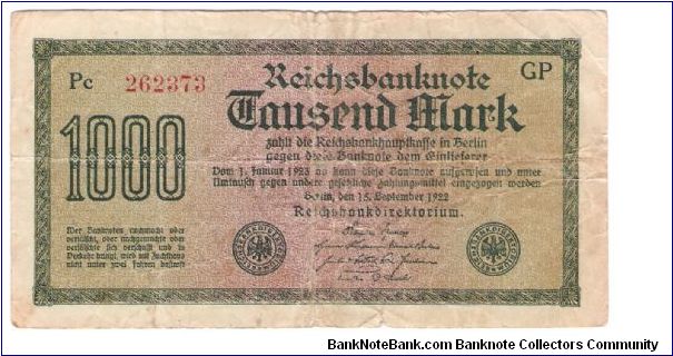 #76b weimar Republic 1000 mark Banknote