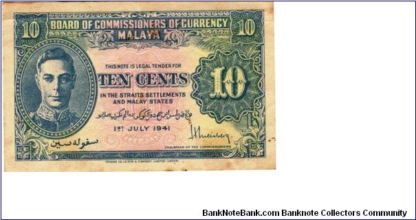 10 Cents. Potrait of King George VI. Reverse blank. Banknote