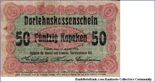 50 Kopeks 17.4.1916 Posen, Darlehnskasse Ost (Occupation issue for western Russia) Banknote