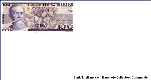 100 Pesos..Portrait of, V.Carranza Banknote