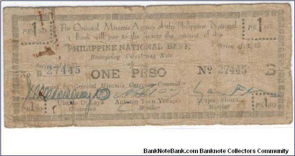 S-595 Oriential Misamis Agency of the Philippines one peso note. Banknote