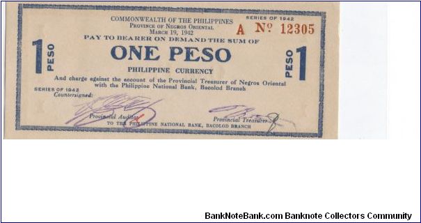 S-654a Negros Oriental One Peso note. Banknote
