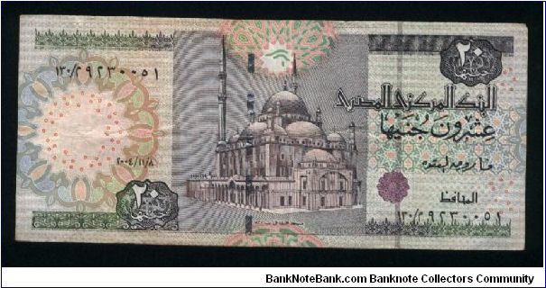 20 Pounds.

Enhanced security features.

Mohammed Ali Mosque at center on face; archaic sculptures from Chapel of Sesostris I and archaic war chariot on back.

Pick #63 Banknote