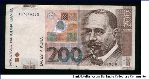 200 Kuna.

S. Radic at right on face; town command in Osijek on back.

Pick #42 Banknote