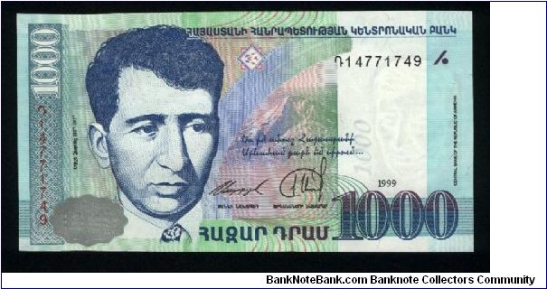 1000 Dram.

Yeghishe Charents at left, lines of poetry at right on face; old Yerevan city scene on back.

Pick #45 Banknote