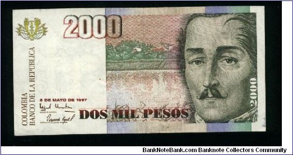 2000 Pesos.

General Francisco de Paula Santander at right on face; Casa de Moneda building, entrance at left center on back.

Pick #445 Banknote