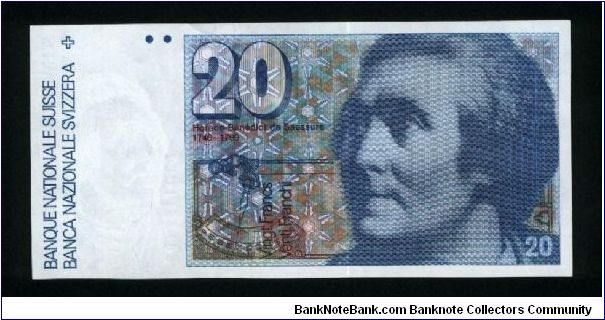 20 Franken.

Format: 70x148 mm

Horace-Bénédict de Saussure (1740-1799; geologist) at right, hygrometer at left on face; fossel and early mountain expedition team hiking in the Alps on back.

Pick #55e Banknote