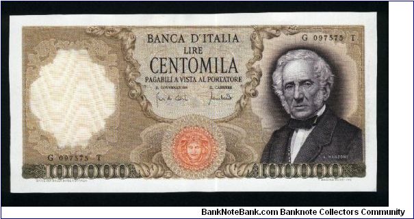 100,000 Lire.

Alessandro Manzoni at right on face; mountain lake scene from I Promessi Sposi on back.

Pick #100b Banknote