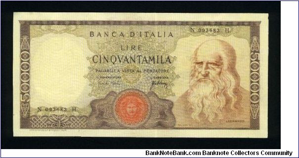 50,000 Lire.

Leonardo da Vinci at right on face; city wiew of Vinci (Tuscany) on back.

Pick #99a Banknote