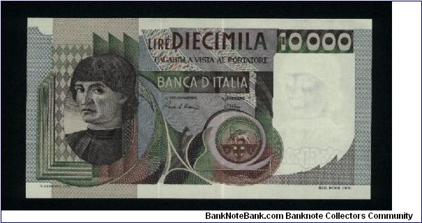 10,000 Lire.

Machiavelli at left on face; Machiavelli's artworks on back.

Pick #106b Banknote