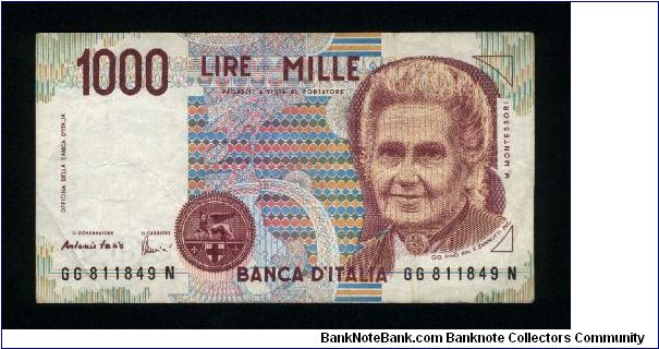 1,000 Lire.

Maria Montessori at right on face; teacher and student at left center on back.

Pick #114c Banknote