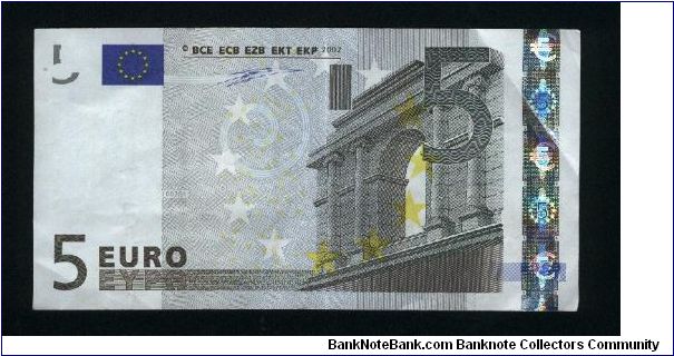5 Euro.

Serial prefix -S- (Italy)
Classical architecture on face and back.

Pick #1s Banknote