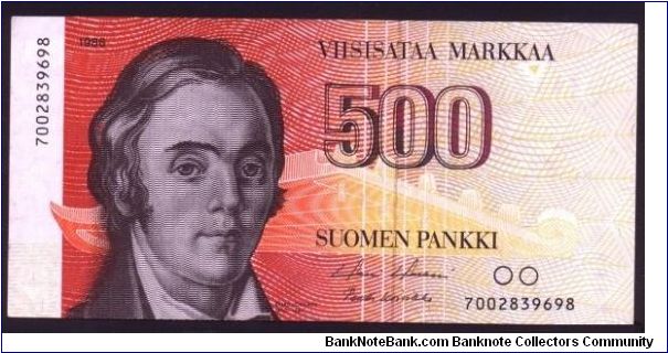 500 Markkaa.

Elias Lonnrot at left on face; Punkaharju on back.

Pick #116a Banknote