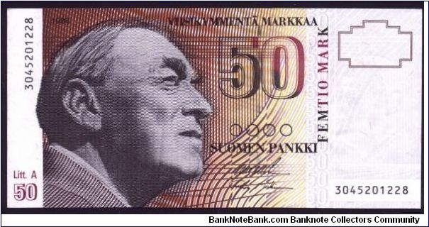 50 Markkaa.

'91 Issue (dated '86); Litt. A

Alvar Aalto at left on face; Finlandia Hall on back.

Pick #118 Banknote