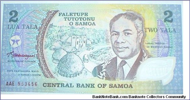 Western Samoa. 2 Tala. Commemorative Polymer issue honoring head of state for life Tanumafili II. Banknote