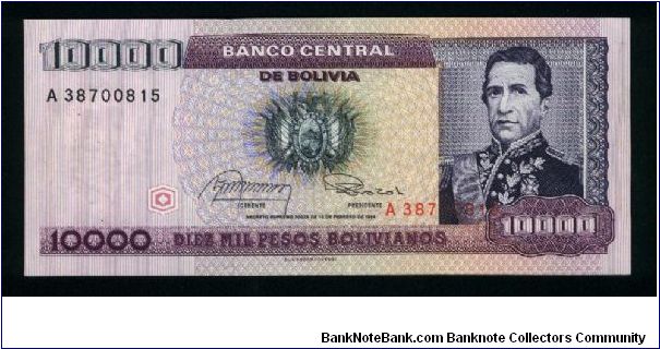 1 Centavo on 10,000 Pesos Bolivianos.

Portrait of Marshal Andres de Santa Cruz at right, arms at center on face; Legislative palace at center on back.

Pick #195 Banknote