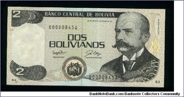 2 Bolivianos.

Antonio Vaca Diez at right, arms at lower center on face; trees and building at center on back.

Pick #202a Banknote