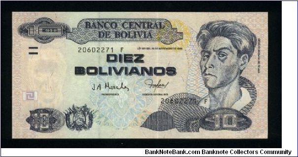 10 Bolivianos.

Cecilio Guzman de Rojas at right, arms at lower left on face; figures overlooking city wiew on back.

Pick #223 Banknote