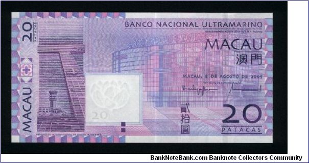 20 Patacas.

Internationa Airport of Macau at left and on backgroung on face; Banco Nacional Ultramarino building on back.

Pick #NEW Banknote