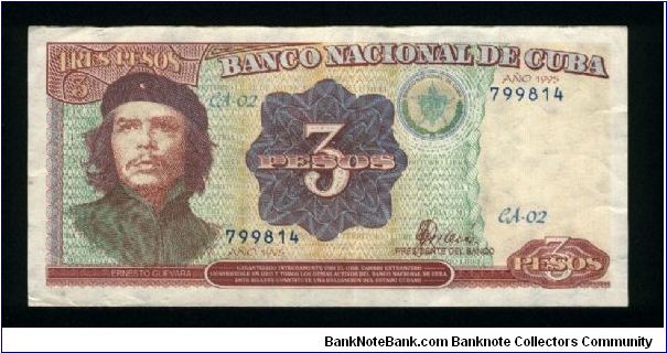 3 Pesos.

Ernesto 'Che' Guevara at left on face; Guevara cutting sugar cane on back.

Pick #113 Banknote