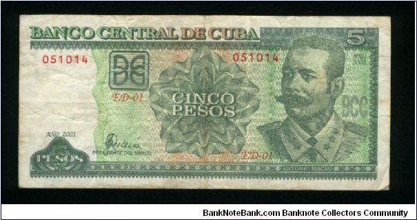 5 Pesos.

A. Maceo at right on face; conference between A. Maceo and Spanish General A. Martinez Campos at Mangos de Baragua' in 1878 at left center on back.

Pick #116 Banknote