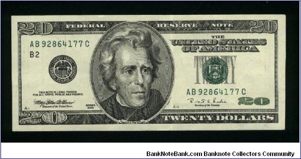 20 Dollars.

Portrait of A. Jackson on face; the White House at center on back.

Pick #501 Banknote