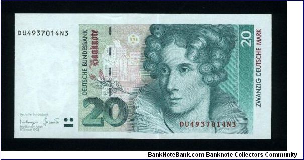 20 Deutsche Mark.

Annette von Droste-Hulshoff (1797-1848) at center right on face; quill pen and beech-tree at left center, open book at lower right in watermark area on back.

Pick #39 Banknote