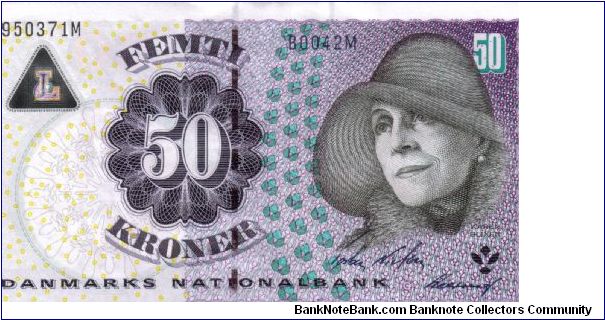 Black on Purple and Multicolour. Writer Karen Blixen / Centaur from Landet Church, Tåsinge.  Improved with Hologram on upper left Corner. Banknote