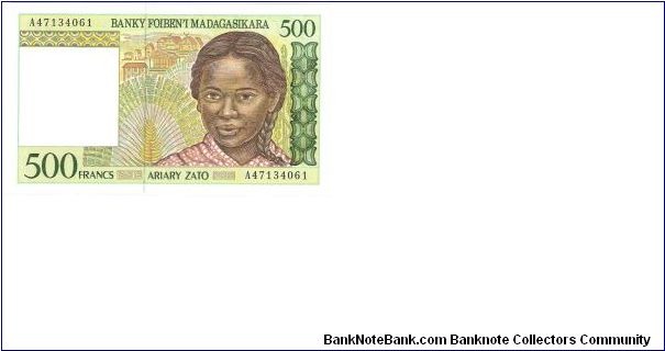 Madagascar 500 Francs Unc Front Design: Girl Banknote