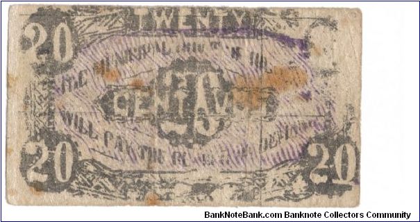 LEY-153 Municipal of Hilongor 20 Centavos note, with purple overprint. Banknote