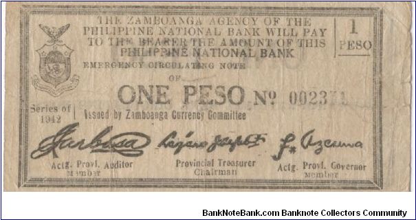 S-1183 Zamboanga Currency Committee 1 Peso note. Banknote