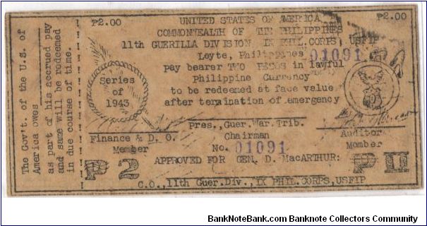 Very Rare 11th Guerilla Division Leyte 2 Peso note. Banknote
