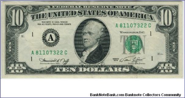 USA Boston 1974 $10 Banknote