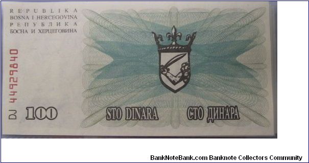 Bosnia Herzgovona 100 Dinara banknote. Banknote
