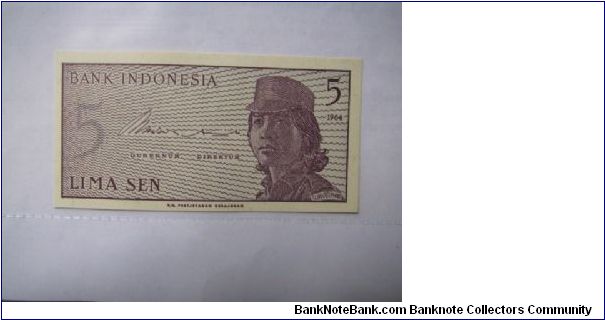 Indonesia 5 Sen banknote. Uncirculated Banknote