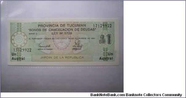 Argentina Tucman province 1 Austral banknote in UNC condition. Banknote