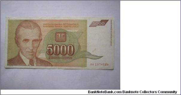 Yugoslavia 5000 Dinara banknote in VF condition Banknote