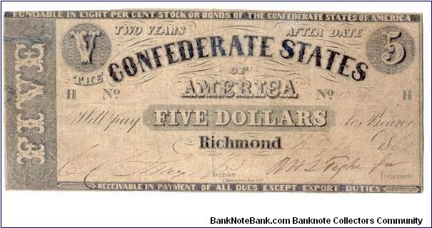 Type 12 Confederate $5 note. Banknote