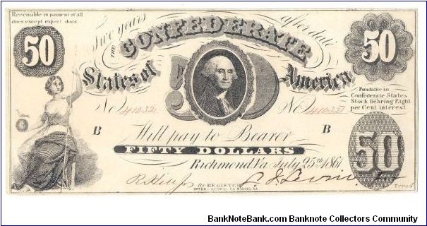 Type 8 Confederate $50 note. Banknote