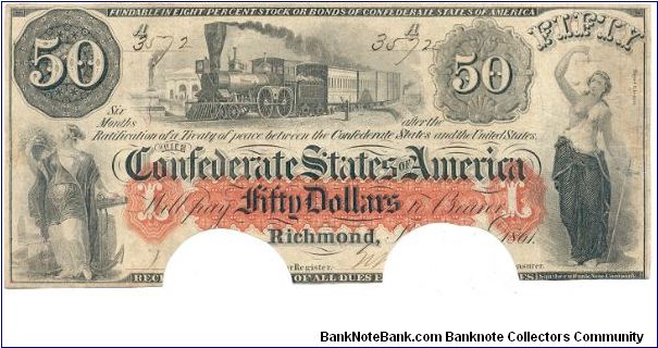 Type 15 Confederate $50 note (cut-out canceled). Banknote