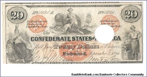 Type 19 Confederate $20 note (hole-out canceled). Banknote