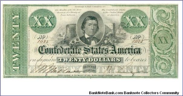 Type 21 Confederate $20 note. Banknote