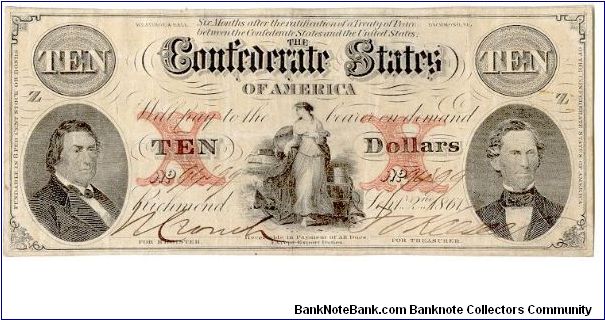 Type 26 Confederate $10 note. (Coarse lace X overprint.) Banknote