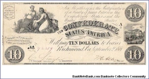 Type 28 Confederate $10 note. Banknote