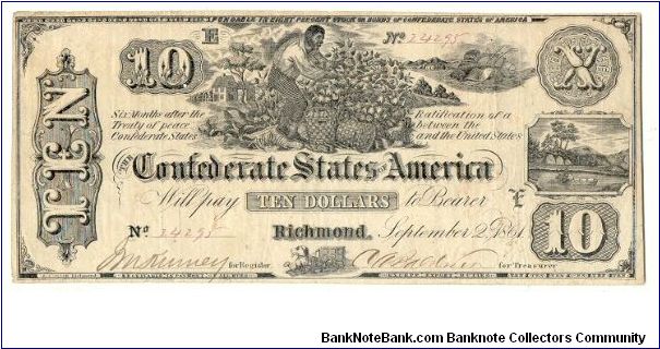 Type 29 Confederate $10 note. Banknote